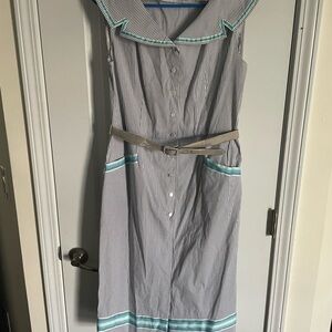 Bettie Page Blue Striped Midi Dress with Teal Highlights